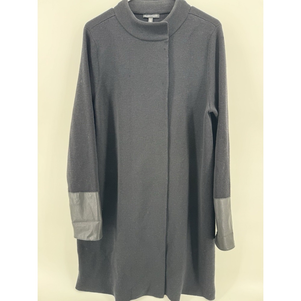 Eileen Fisher leather detail wool sweater coat black‎ size large